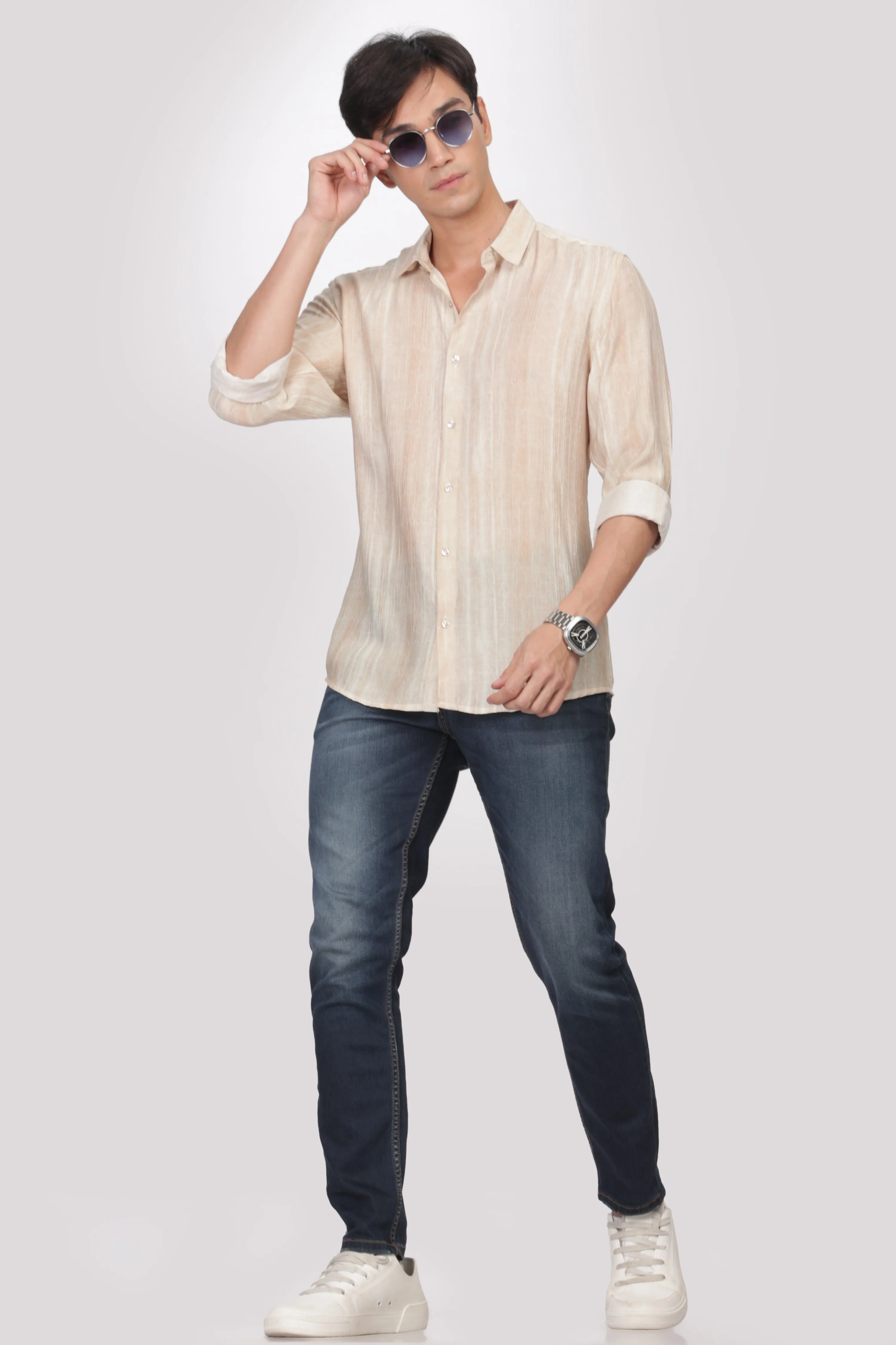Beige Slim Fit Viscose Beach Wear Shirt