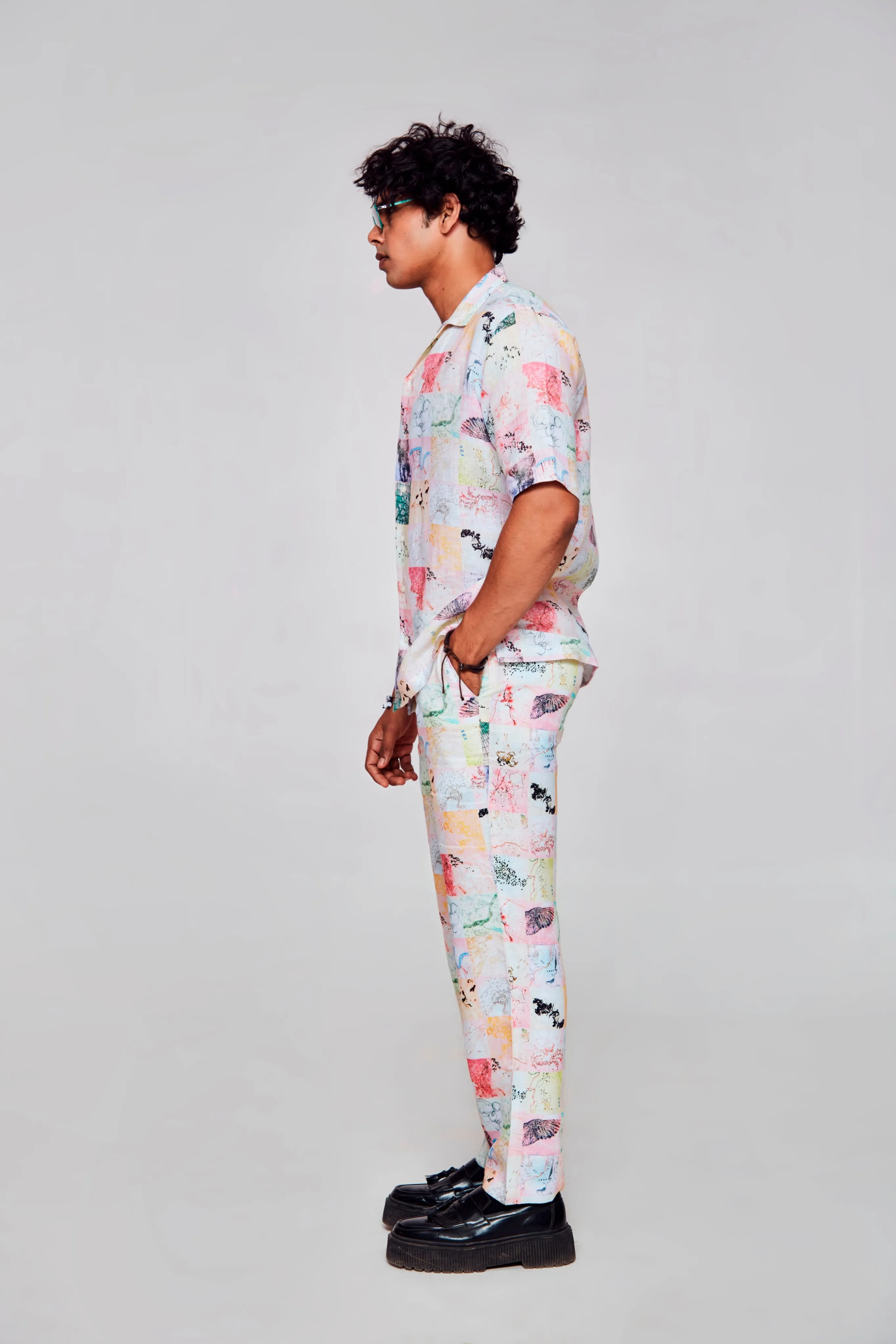 Chromatic Elegance Printed Pure Linen Cuban Coller Shirt