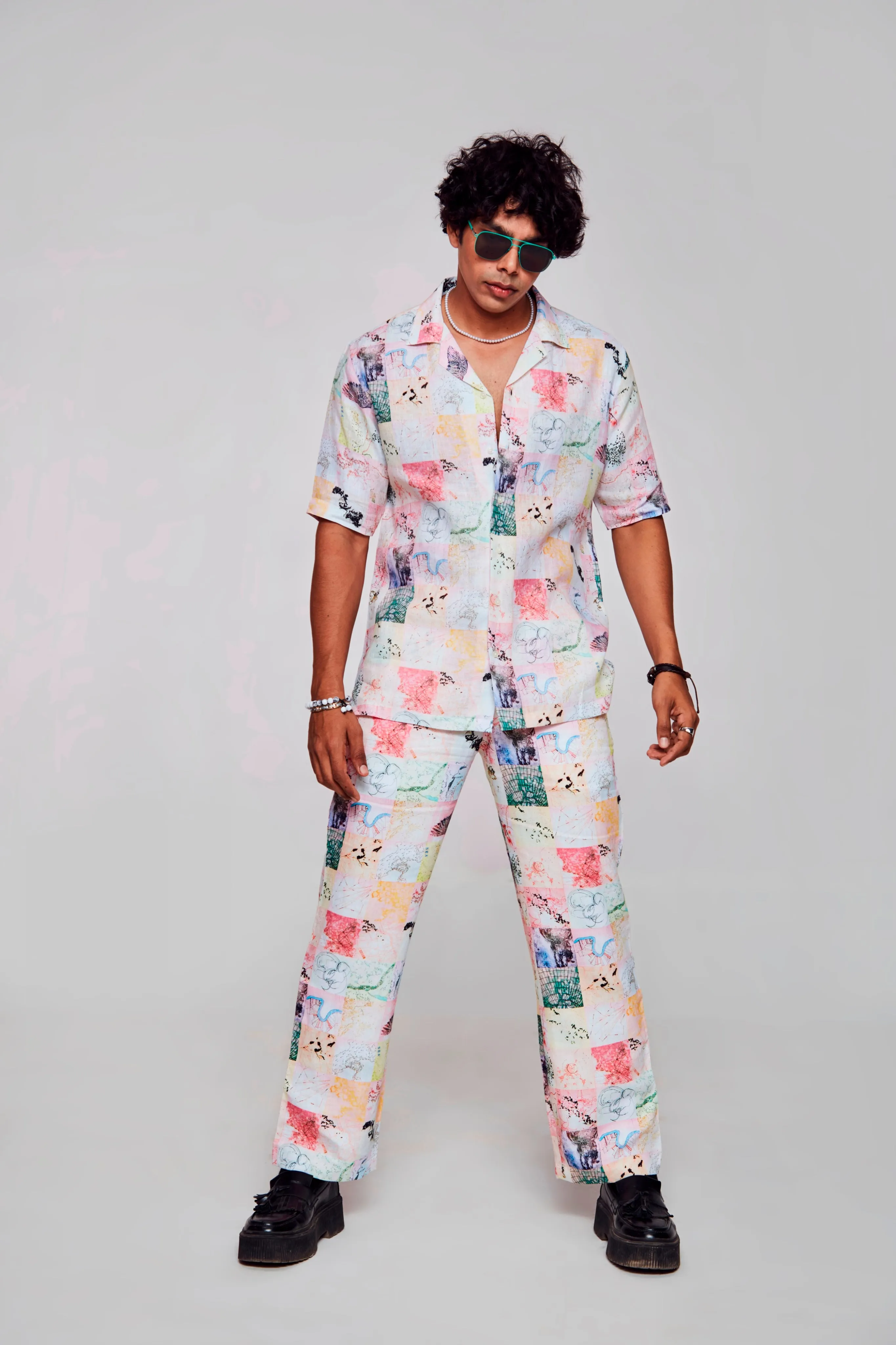 Chromatic Elegance Printed Pure Linen Cuban Coller Shirt