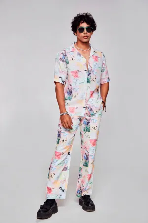 Chromatic Elegance Printed Pure Linen Cuban Coller Shirt