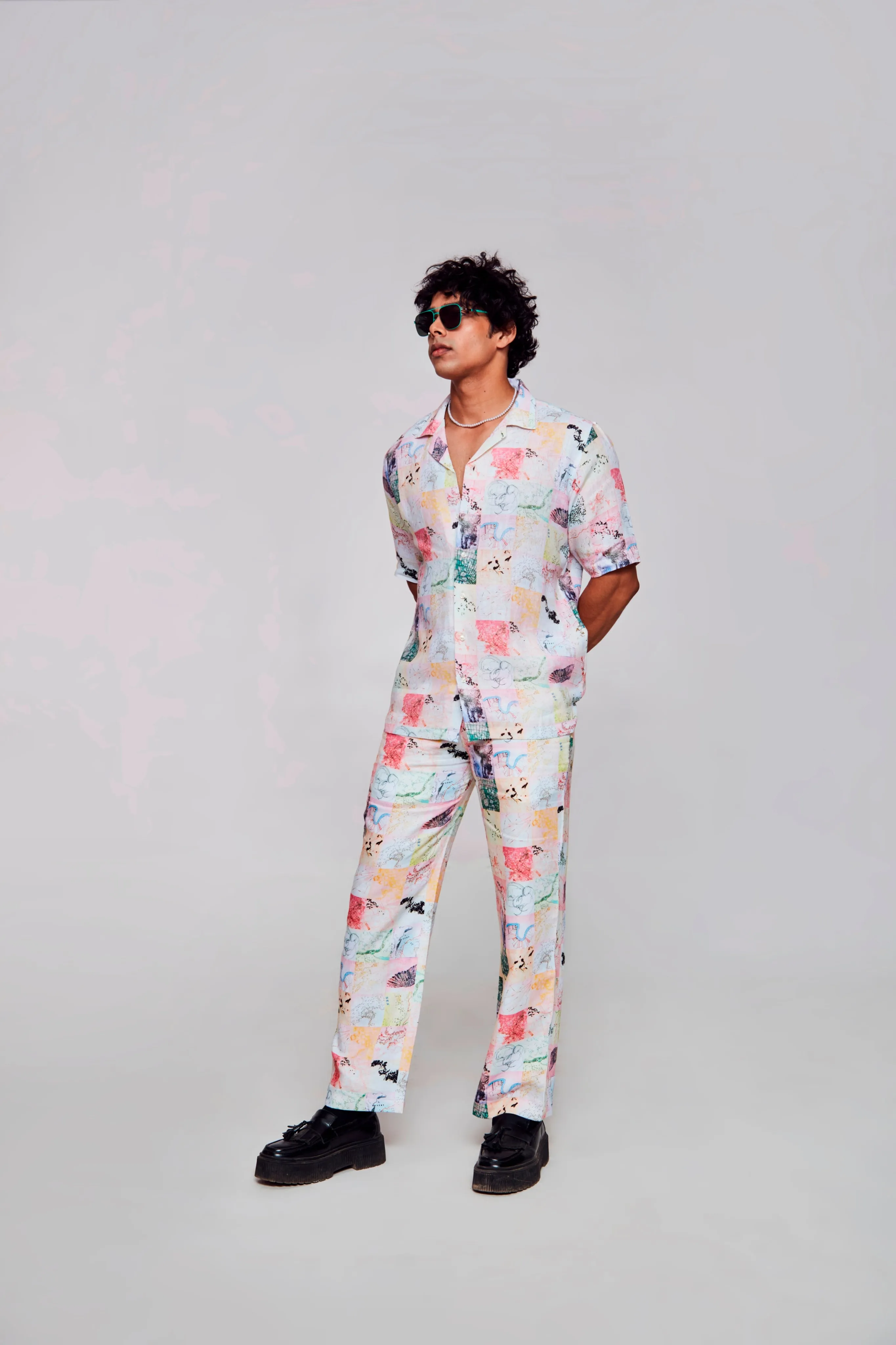 Chromatic Elegance Printed Pure Linen Cuban Coller Shirt