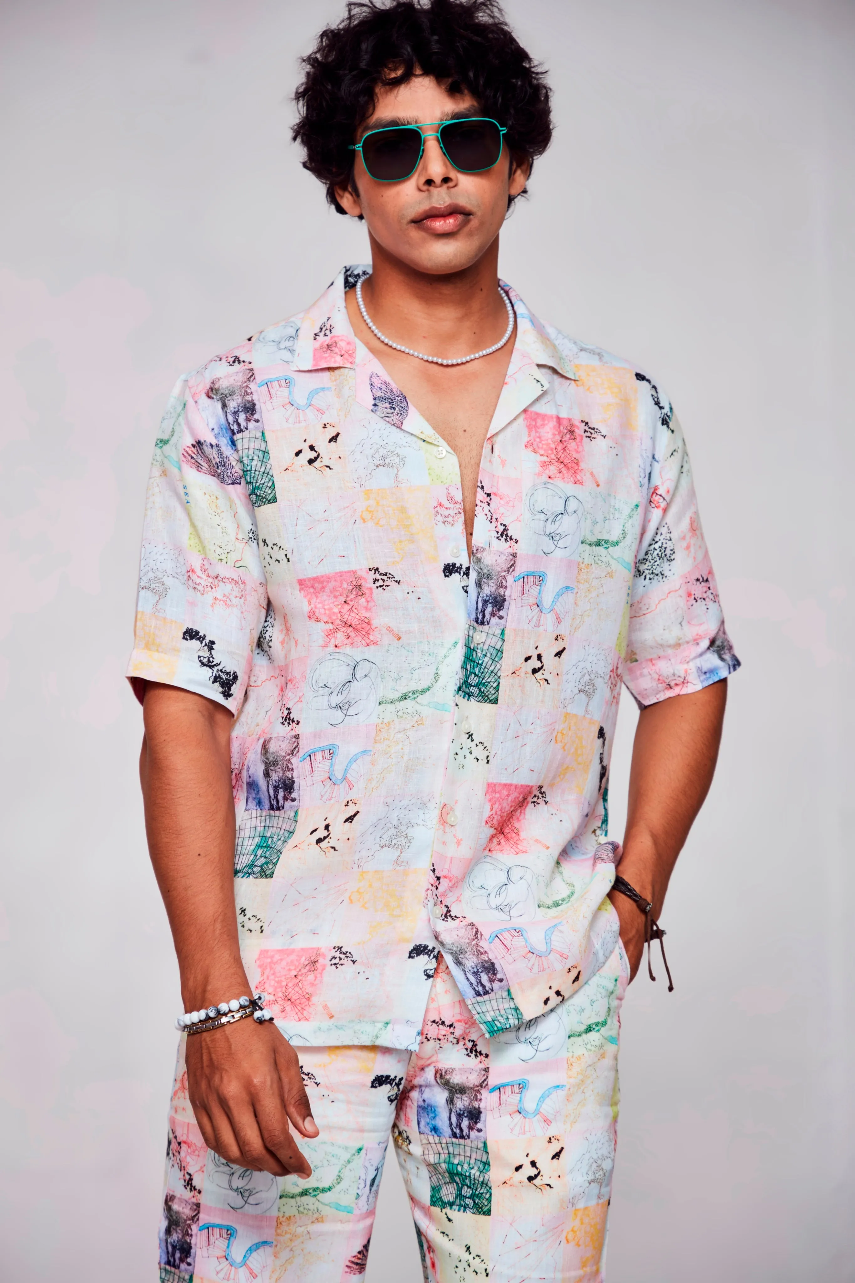 Chromatic Elegance Printed Pure Linen Cuban Coller Shirt