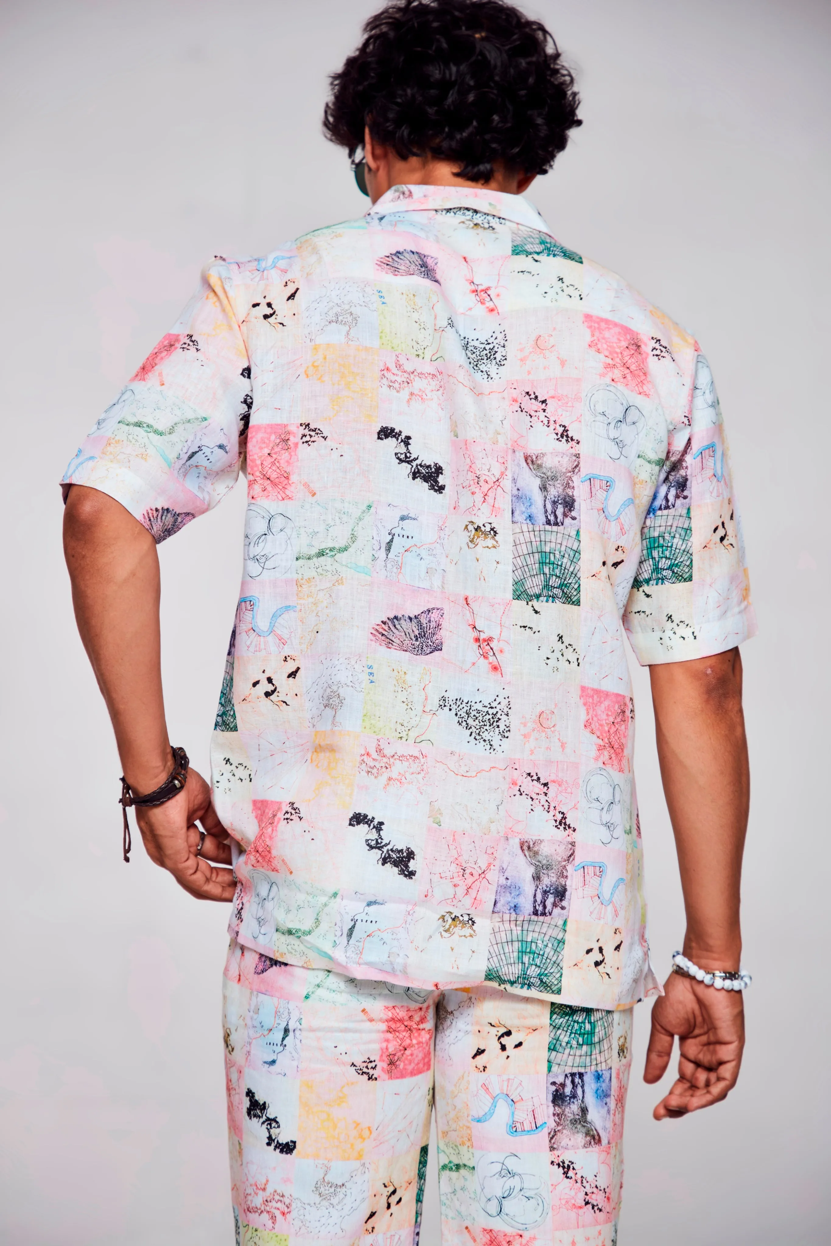 Chromatic Elegance Printed Pure Linen Cuban Coller Shirt