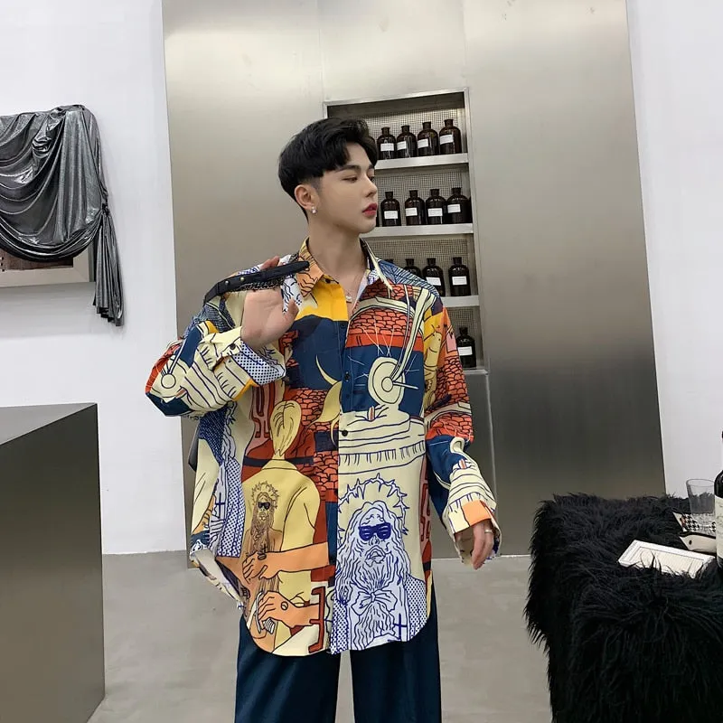 Colourful Printing British Style Loose Style Men Long Sleeves Shirt
