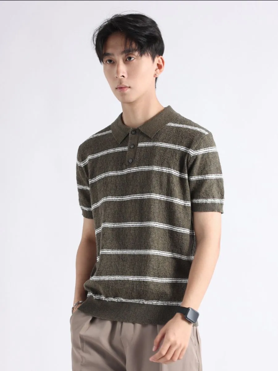 Cotton Striped Knit Polo Shirt