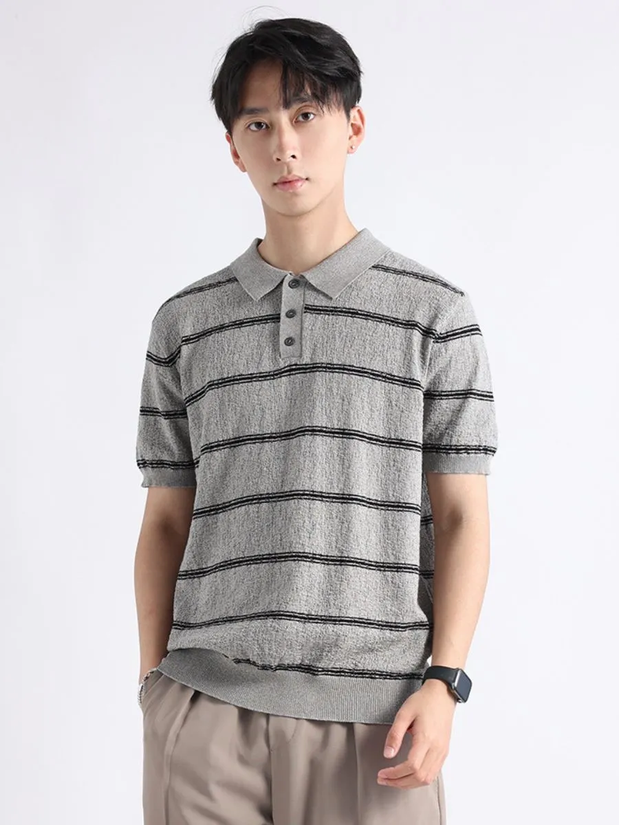 Cotton Striped Knit Polo Shirt