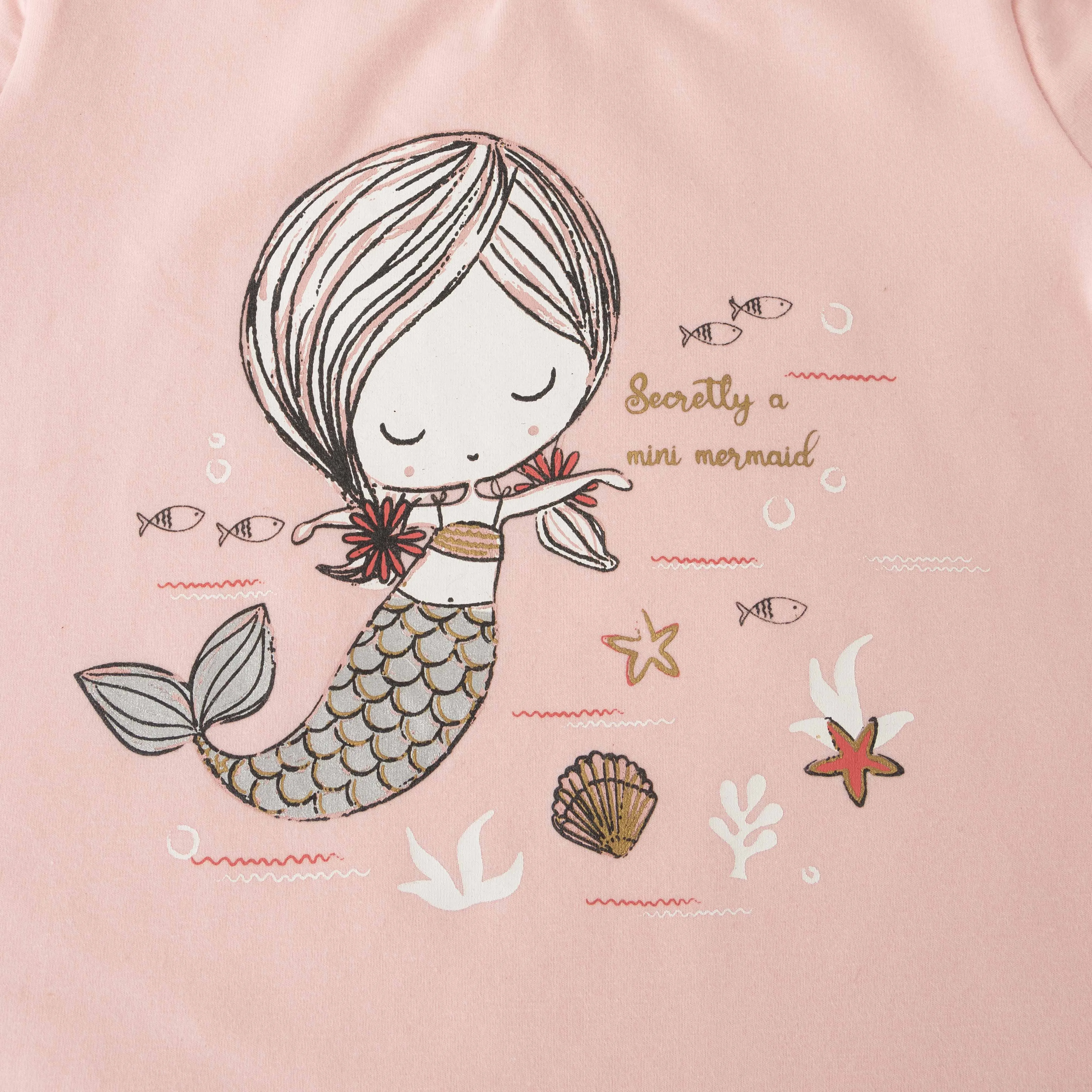 Girls' Pink Mermaid Graphic T-Shirt  Short Sleeve & V-Neck