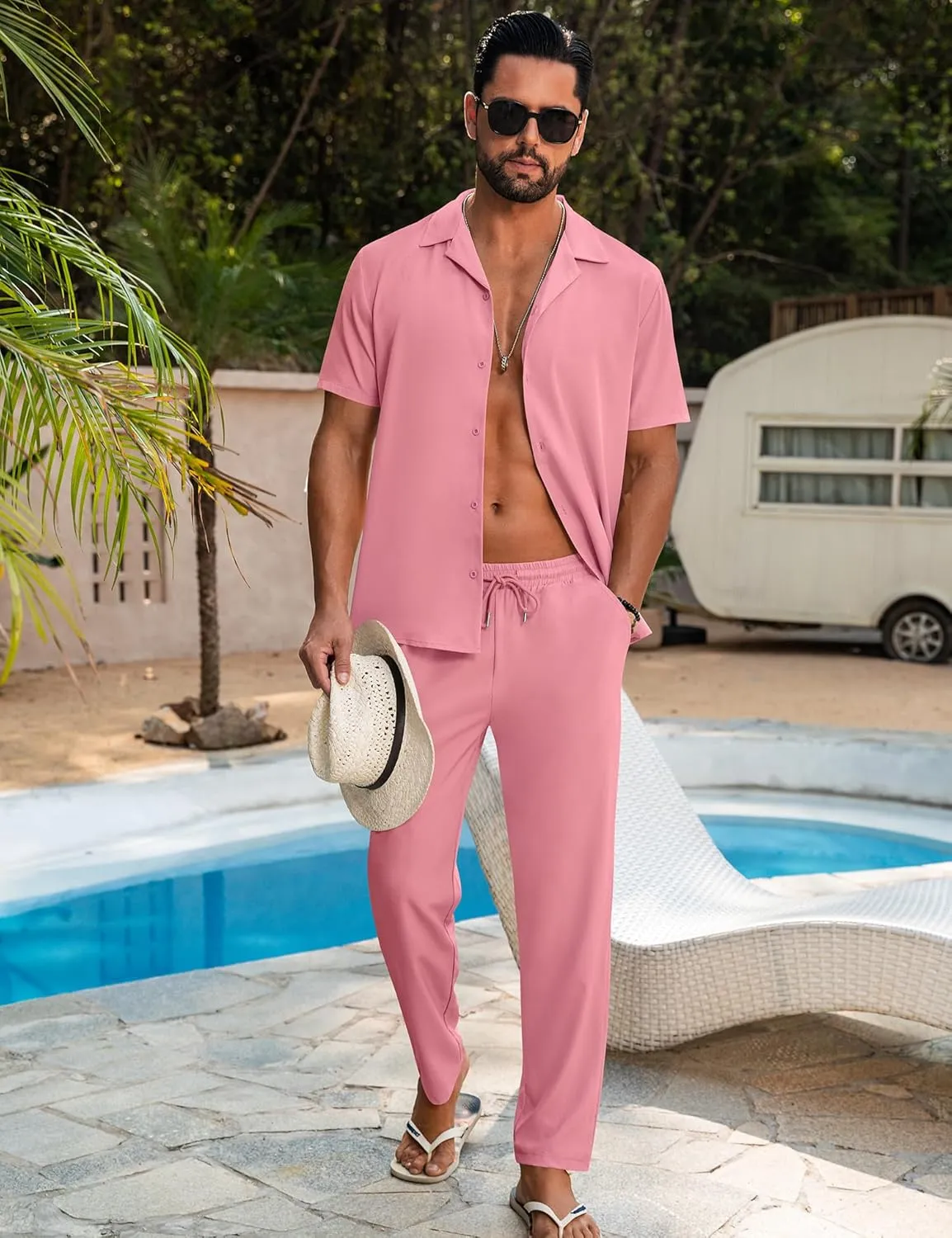 LecGee Men Summer Casual Short Sleeve Pant Sets Solid Button Down Shirt Elastic Pants 2 Piece Outfits Beach Tracksuit
