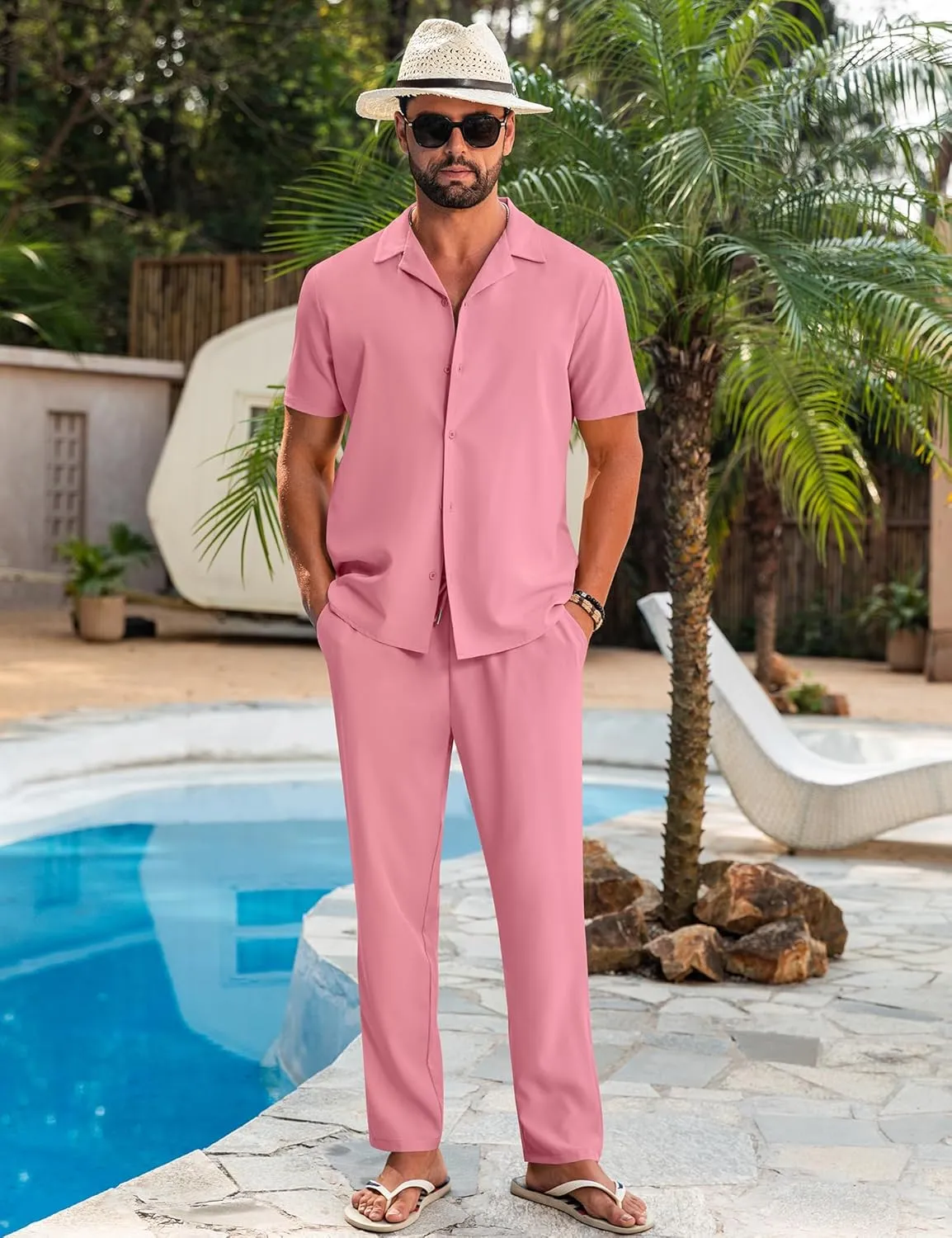 LecGee Men Summer Casual Short Sleeve Pant Sets Solid Button Down Shirt Elastic Pants 2 Piece Outfits Beach Tracksuit