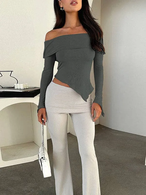 Long Sleeves Solid Color Off-The-Shoulder T-Shirts