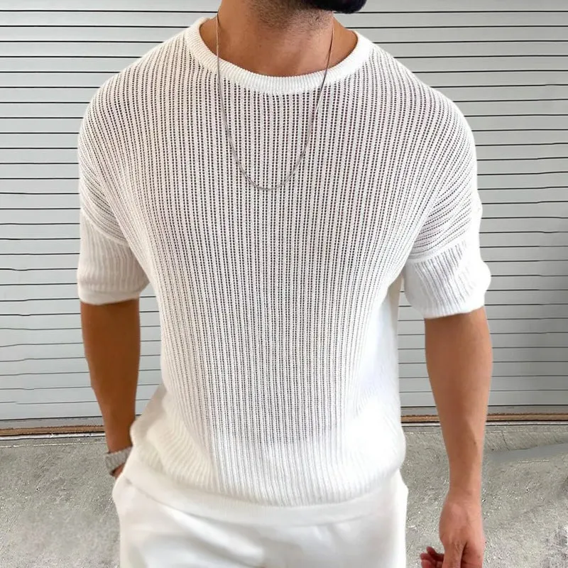 Mens Knit Top  Slim Fit  Lightweight Ribbed Texture  Crew Neck Short Sleeve