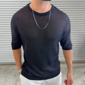 Mens Knit Top  Slim Fit  Lightweight Ribbed Texture  Crew Neck Short Sleeve