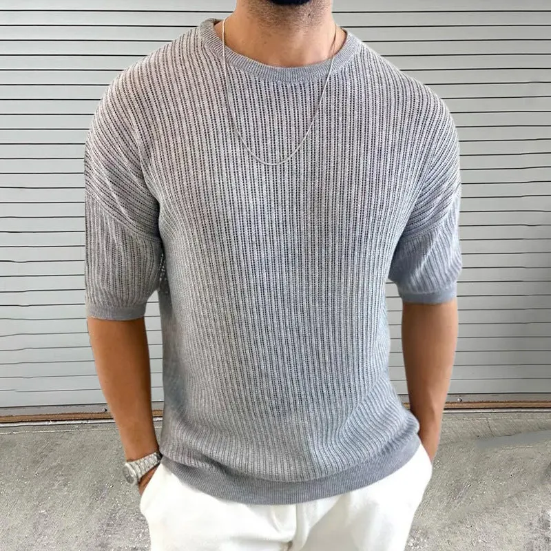 Mens Knit Top  Slim Fit  Lightweight Ribbed Texture  Crew Neck Short Sleeve