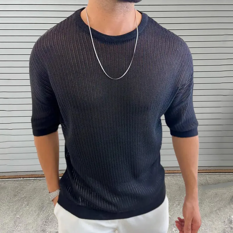 Mens Knit Top  Slim Fit  Lightweight Ribbed Texture  Crew Neck Short Sleeve