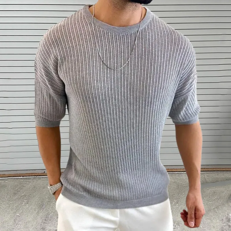 Mens Knit Top  Slim Fit  Lightweight Ribbed Texture  Crew Neck Short Sleeve