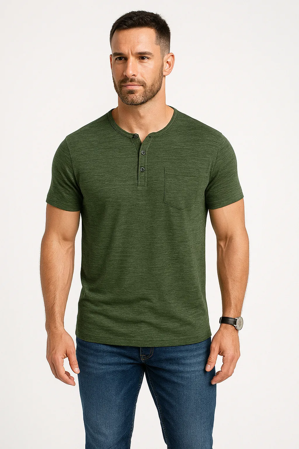 Mens Slim Fit T-Shirt  Soft Cotton Blend  Henley Neck  Chest Pocket  Short Sleeve