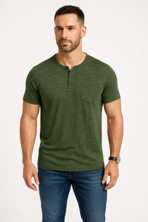 Mens Slim Fit T-Shirt  Soft Cotton Blend  Henley Neck  Chest Pocket  Short Sleeve
