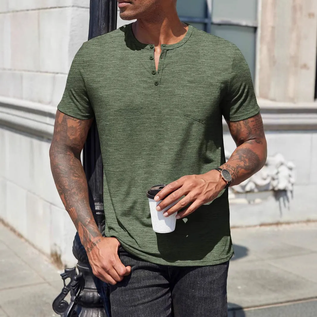 Mens Slim Fit T-Shirt  Soft Cotton Blend  Henley Neck  Chest Pocket  Short Sleeve