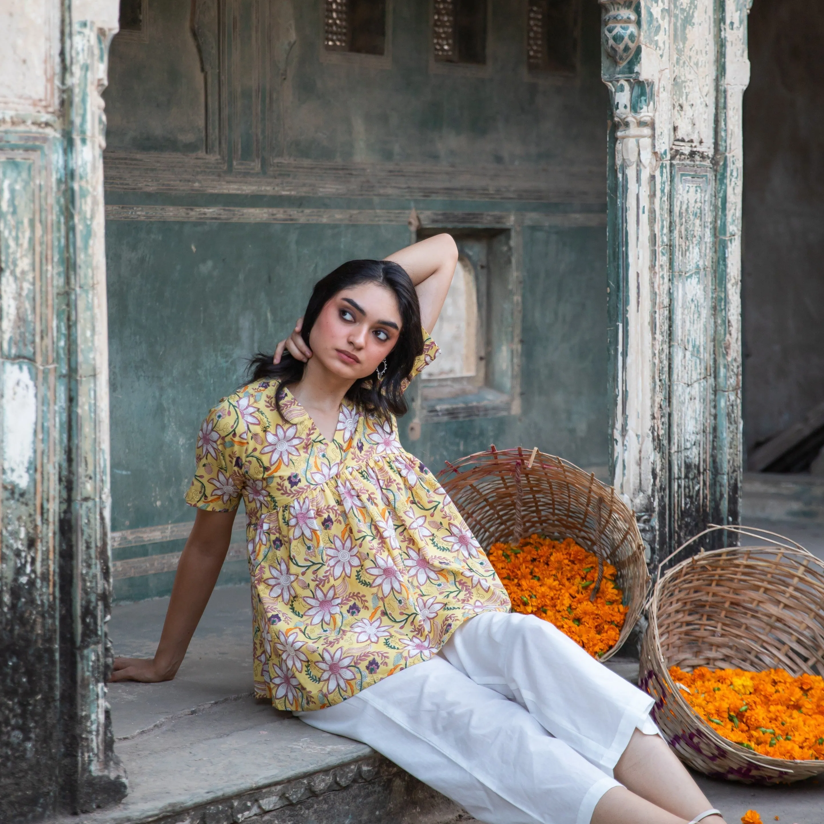 Ruhani Yellow Paisley Blockprinted Cotton Kurti