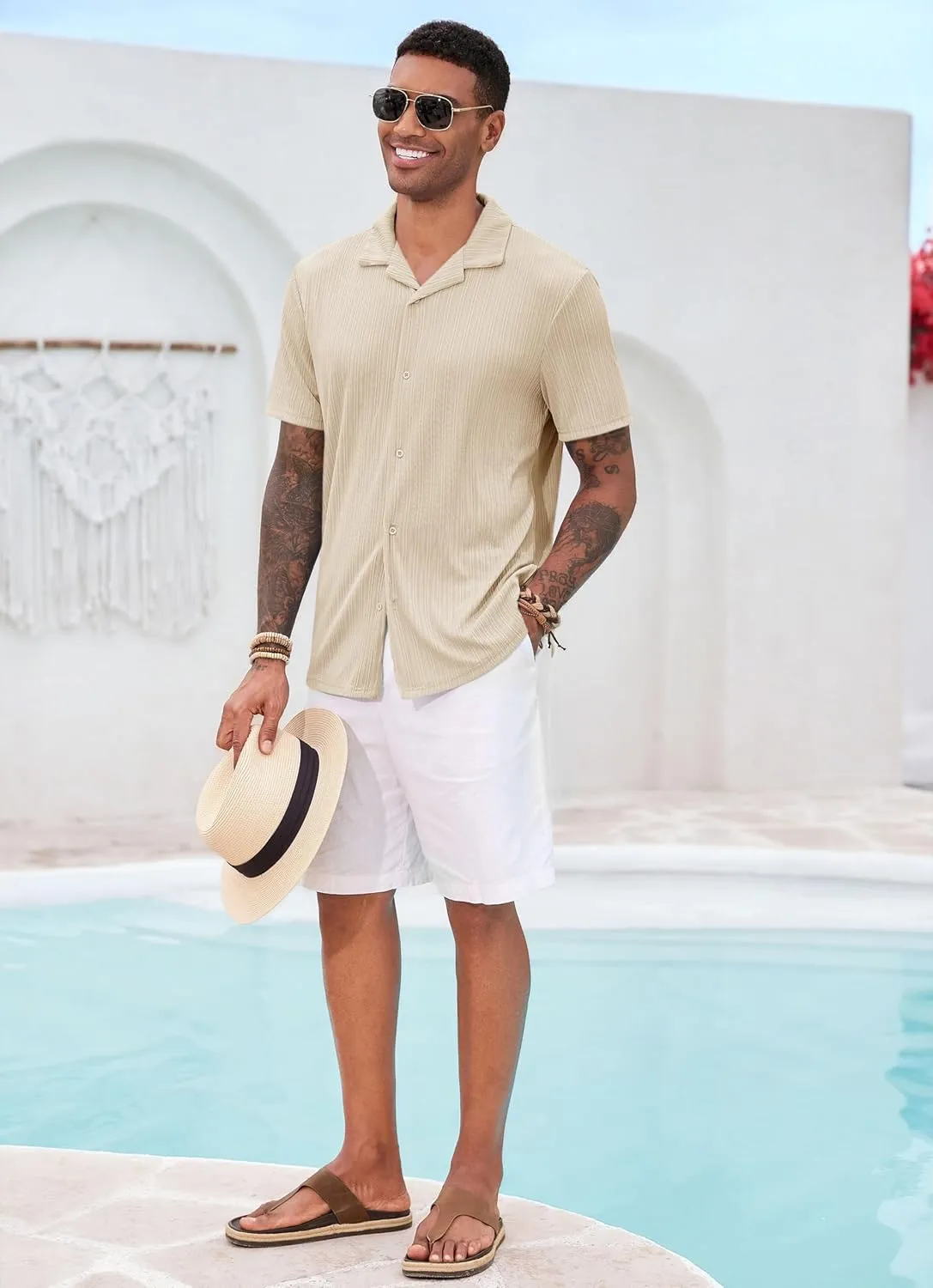 Runcati Mens Casual Button Down Shirts Short Sleeve Cuban Collar Textured Shirt Beach Summer Stretch Tops