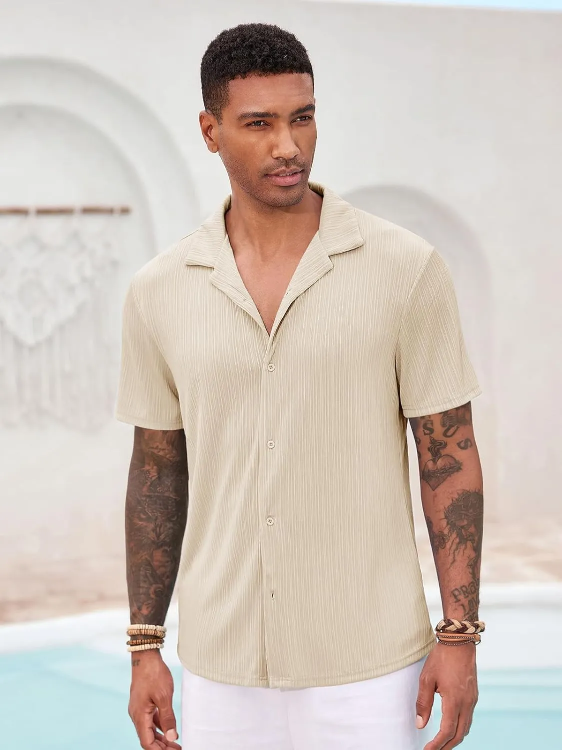Runcati Mens Casual Button Down Shirts Short Sleeve Cuban Collar Textured Shirt Beach Summer Stretch Tops