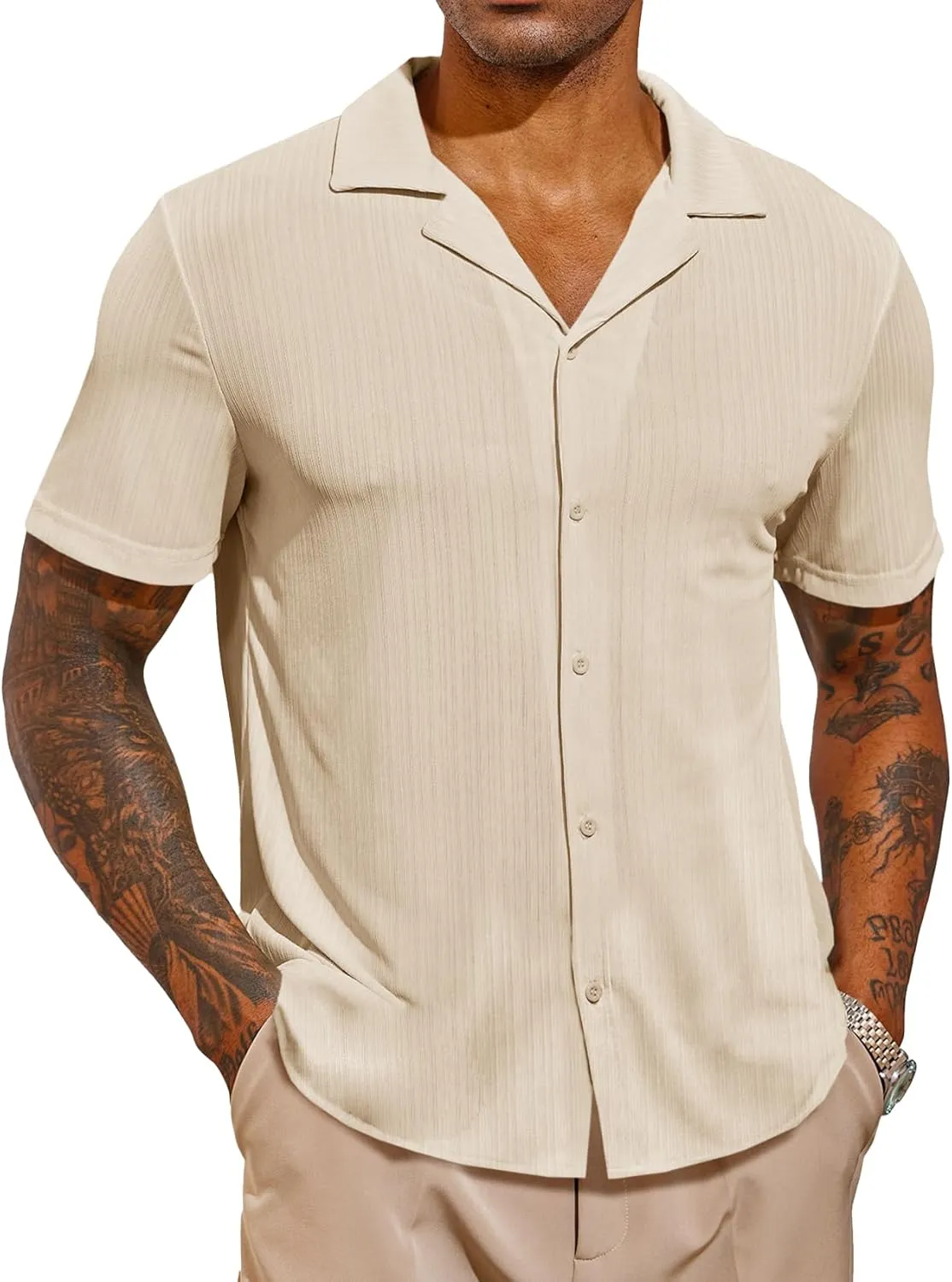 Runcati Mens Casual Button Down Shirts Short Sleeve Cuban Collar Textured Shirt Beach Summer Stretch Tops