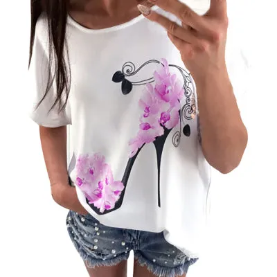 summer short sleeve female t-shirts high heel flower