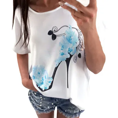 summer short sleeve female t-shirts high heel flower