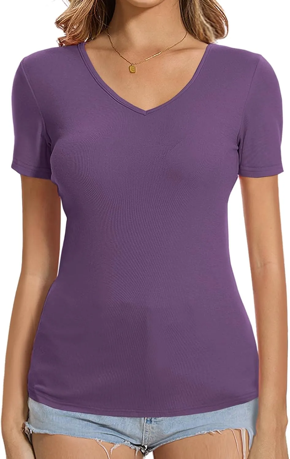 V Neck Short Sleeve Tshirt Tops Basic Casual Workout Plain Tee Shirts Fitted Tunic Fashion Trendy Cloths 2025