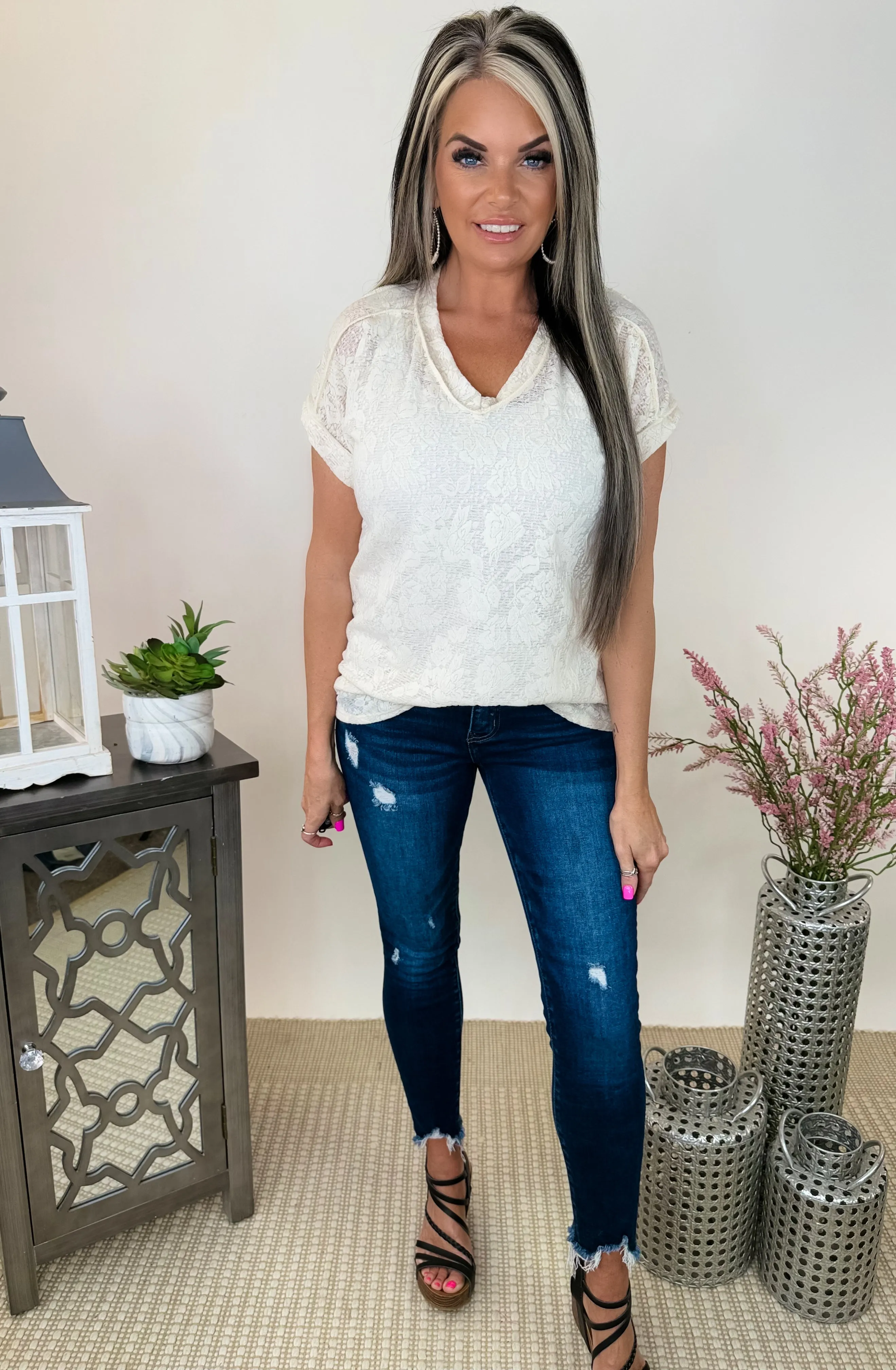 V Neck Solid Lacetop