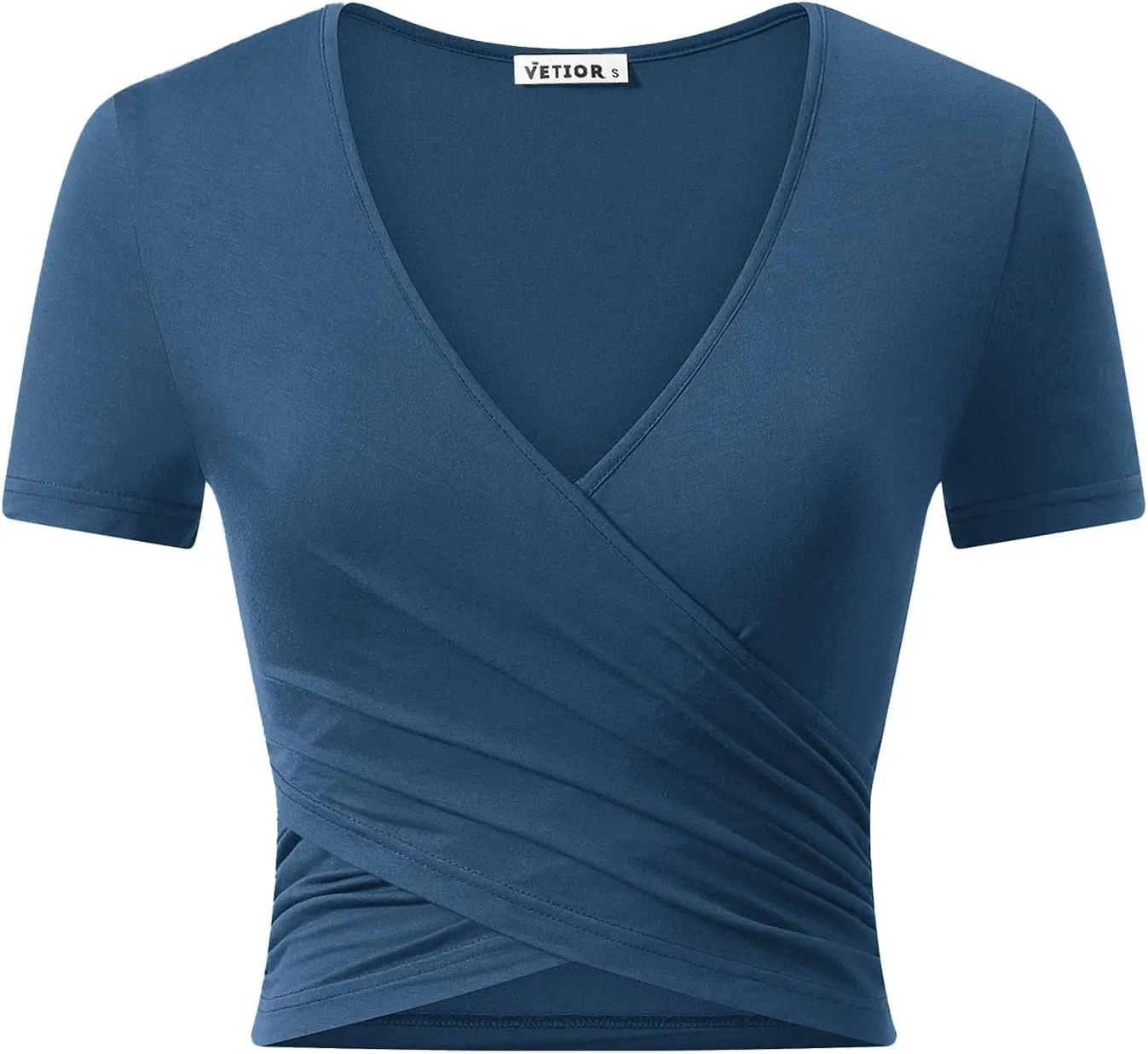 VETIOR Women's Sexy Deep V Neck Short Sleeve Unique Slim Fit Cross Wrap Shirts Crop Tops Going Out Tops